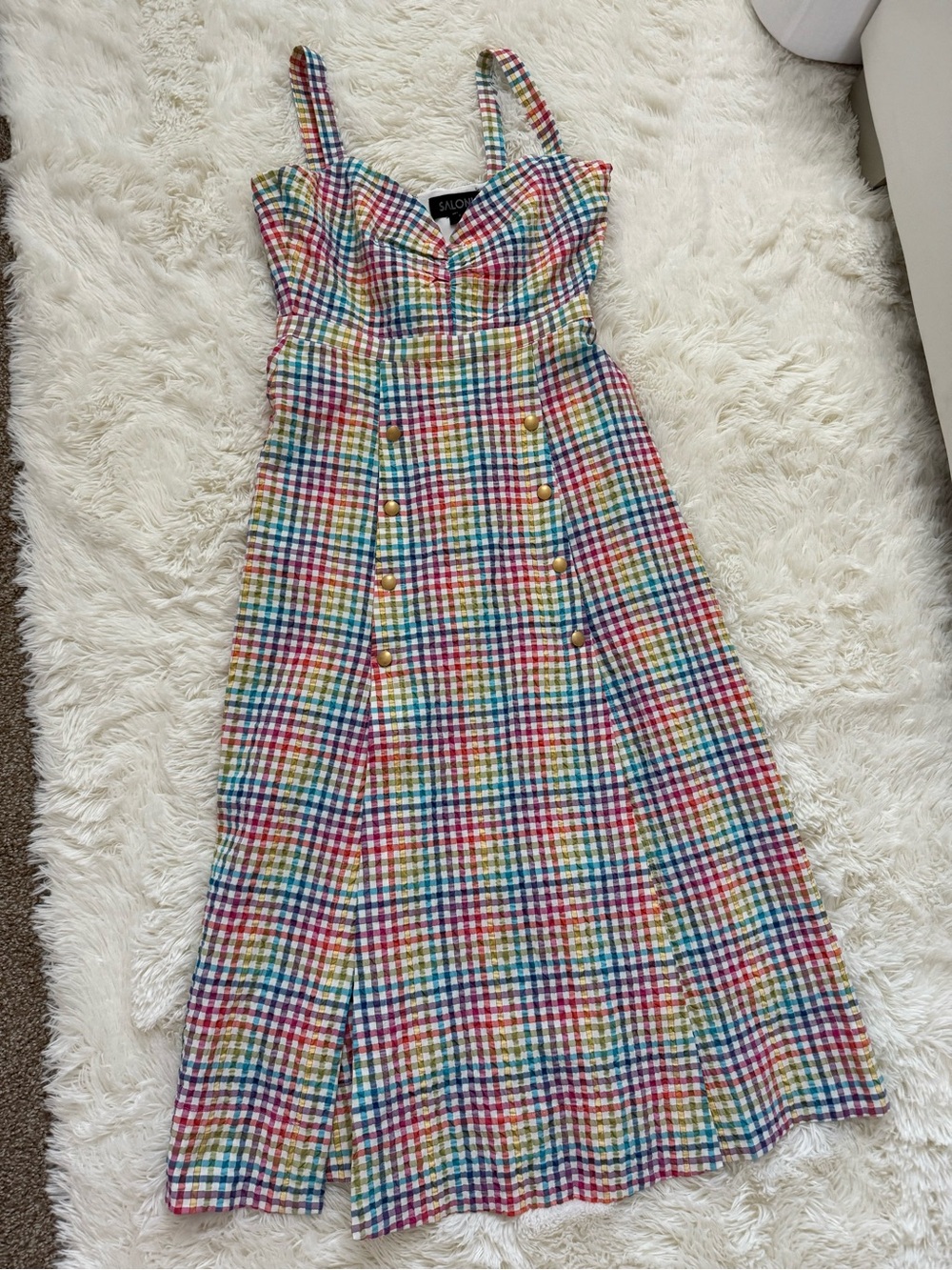 SALONI Rainbow Gingham Button-Front Midi Dress